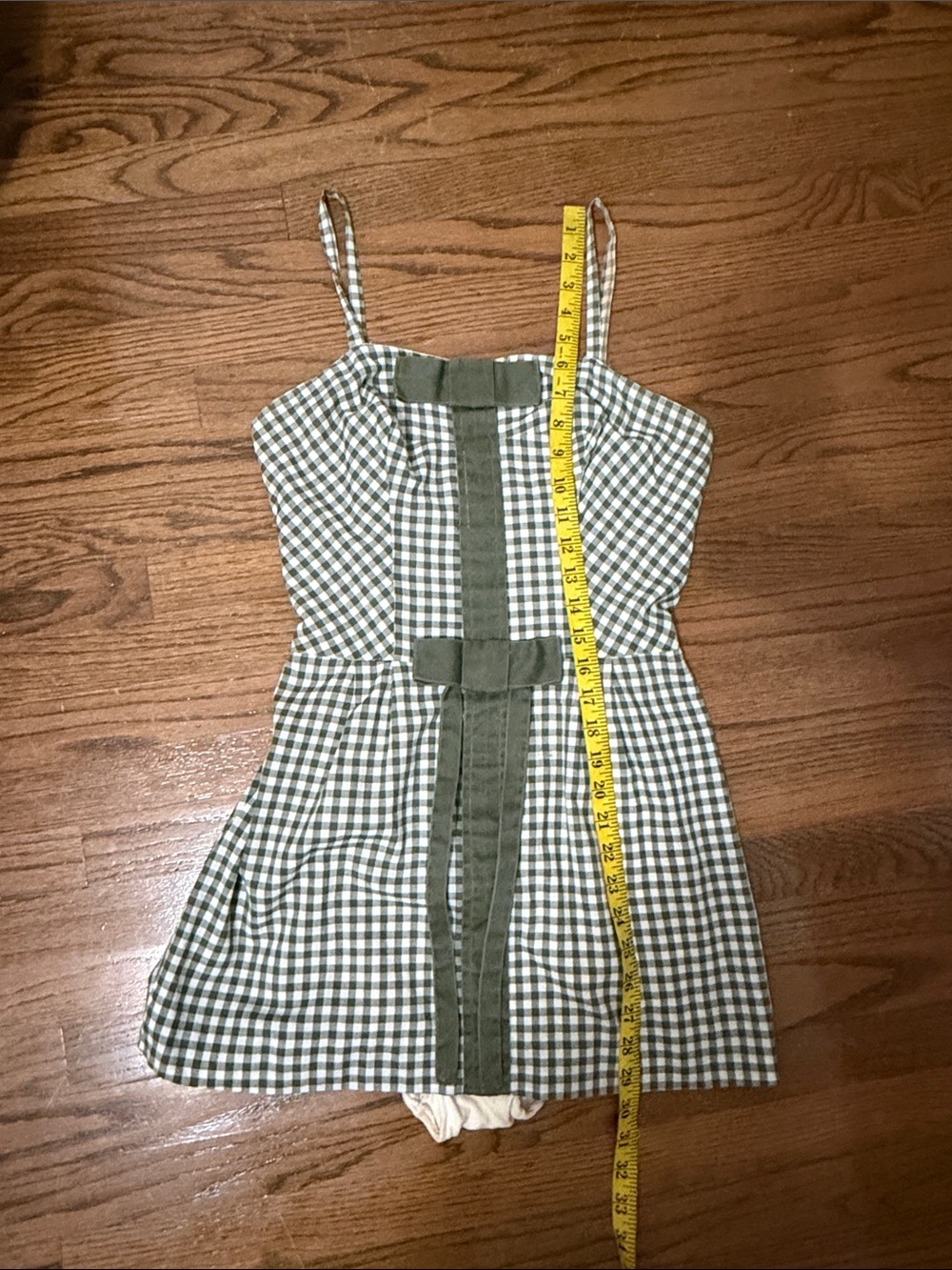 1950's Carolyn Schnurer Olive Green Gingham Bow-Accent Sundress Skort - Picture 10 of 11